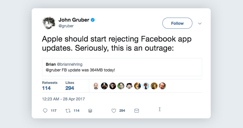 John Gruber replying to Facebook app weight tweet