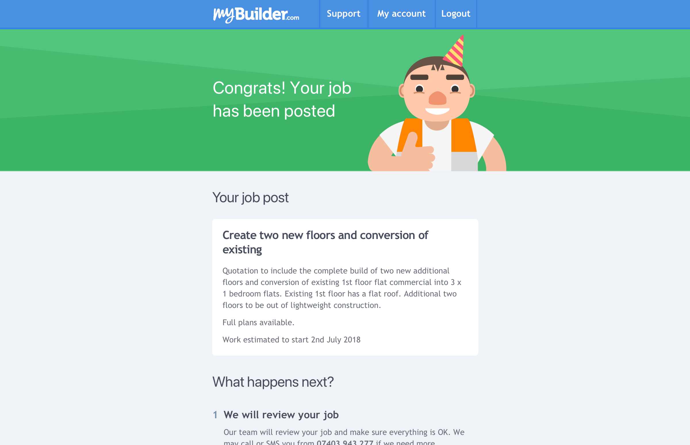 Post a job confirmation page