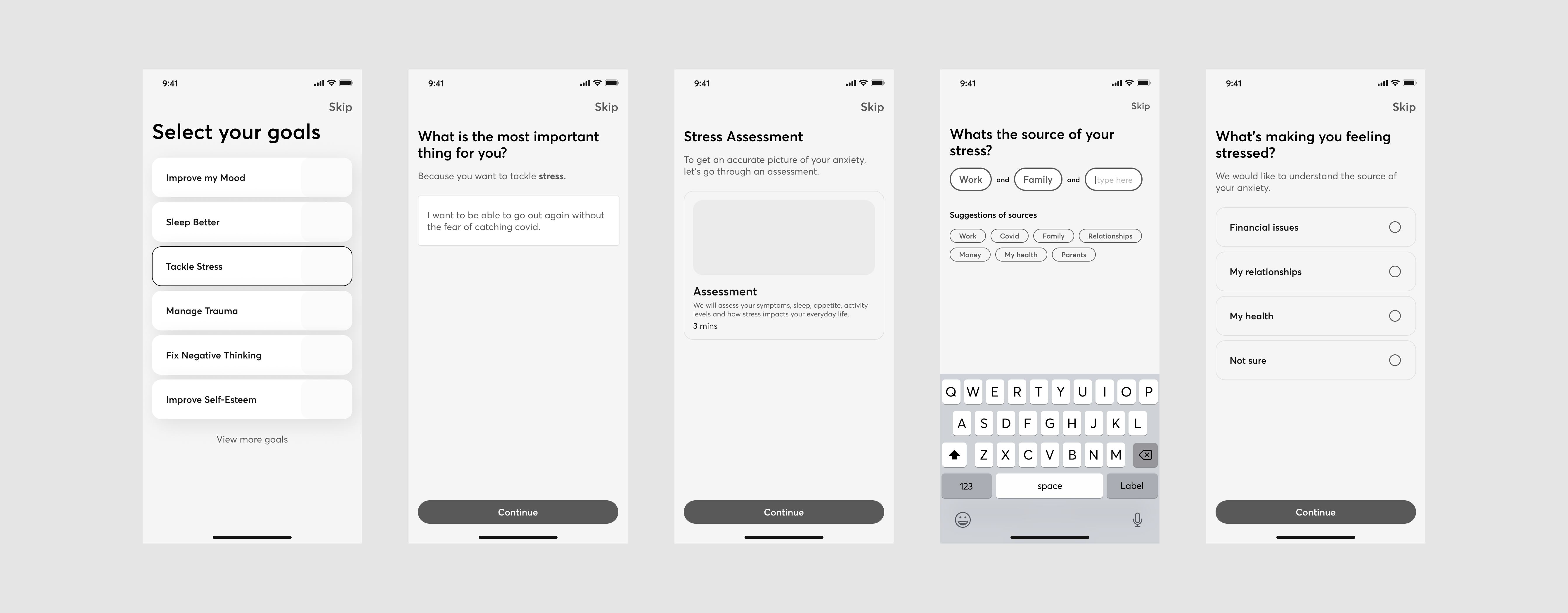 Early wireframes placed in-app assessments at the core of a personalised experience